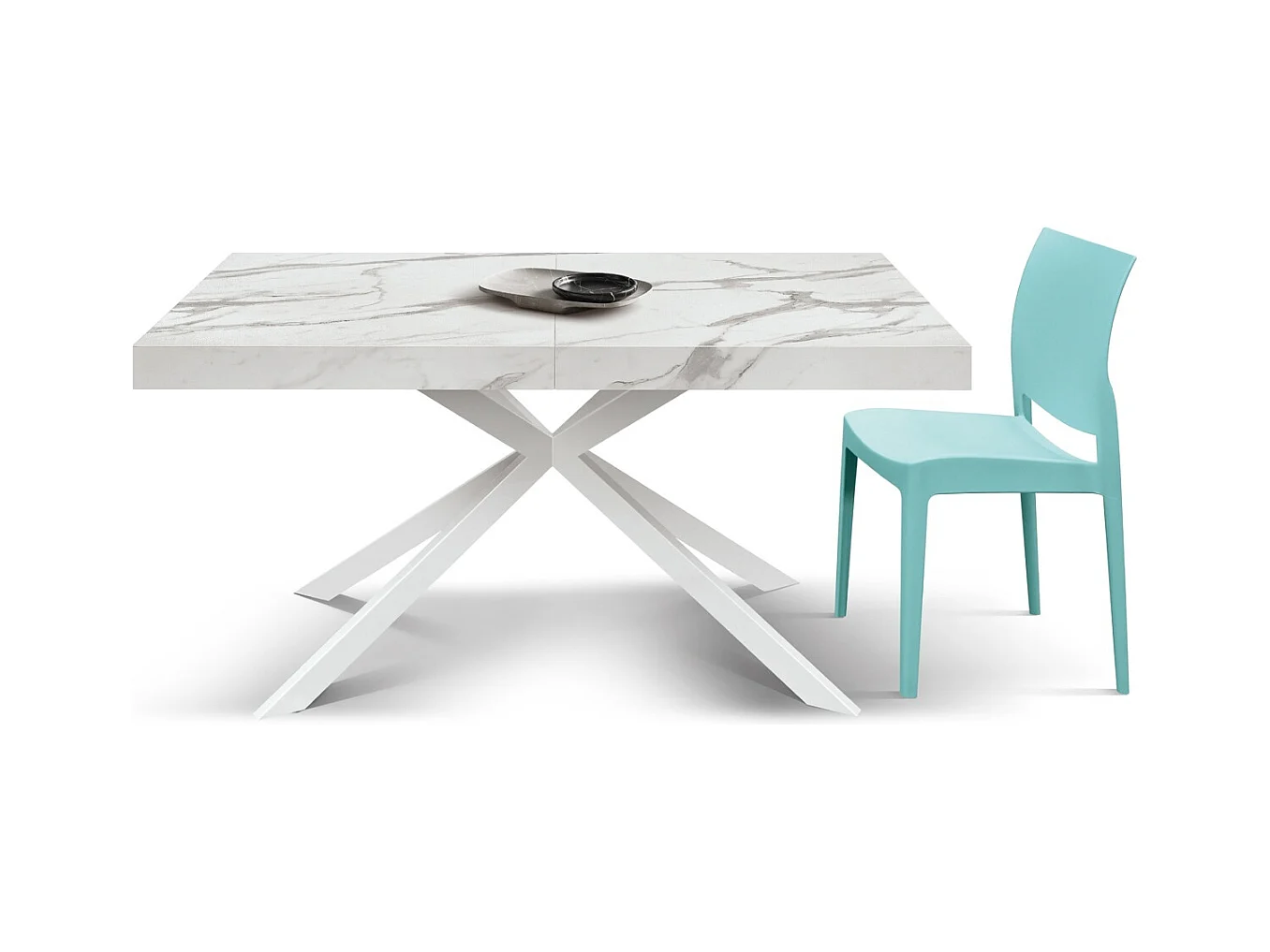 Holztisch, weiß lackiert und weiße X-förmige Beine, ausziehbar 160x90-240x90 - CAMAIORE