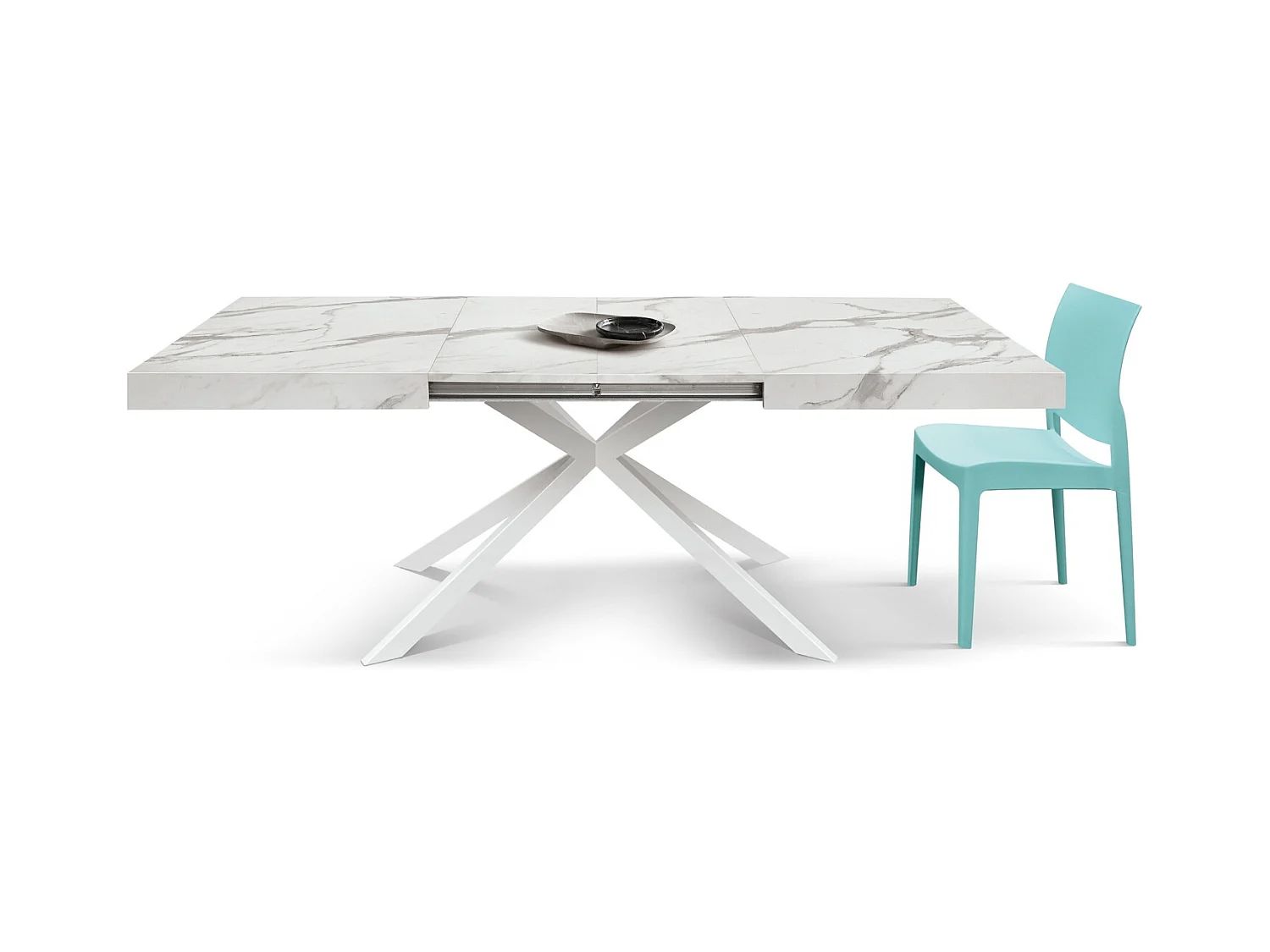 Tavolo in legno, finitura bianco e gambe a X bianche, allungabile 140x90-220x90 - CAMAIORE