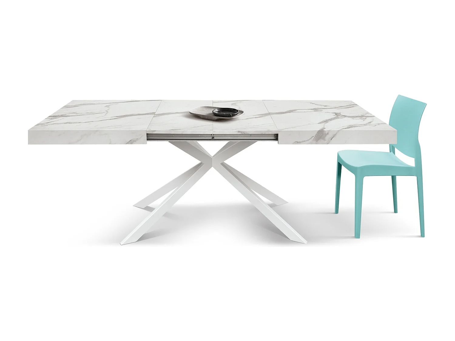 Tavolo in legno, finitura bianco e gambe a X bianche, allungabile 140x90-220x90 - CAMAIORE