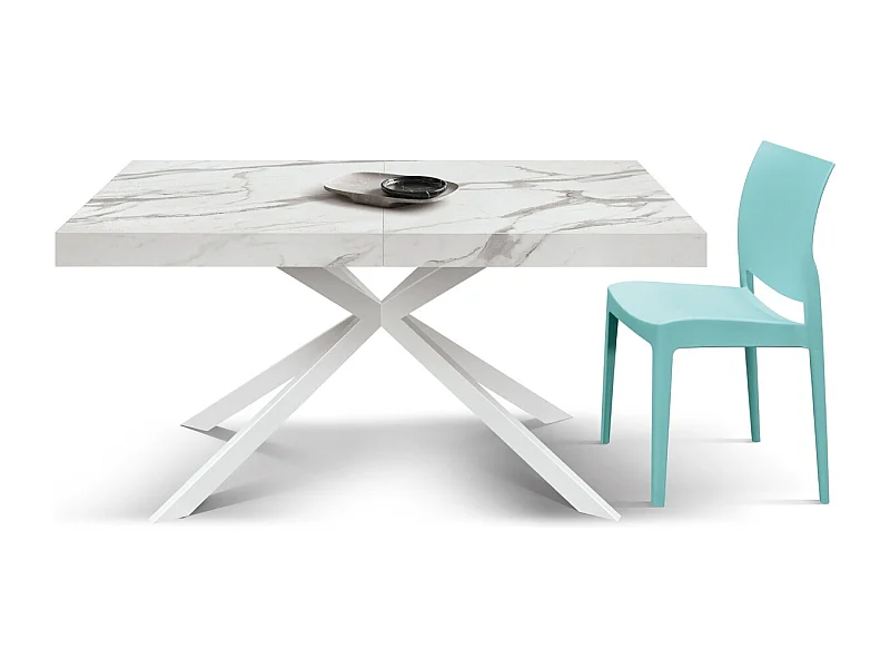 Holztisch, weißes Finish und weiße X-Beine, ausziehbar 140x90 - 220x90 - CAMAIORE