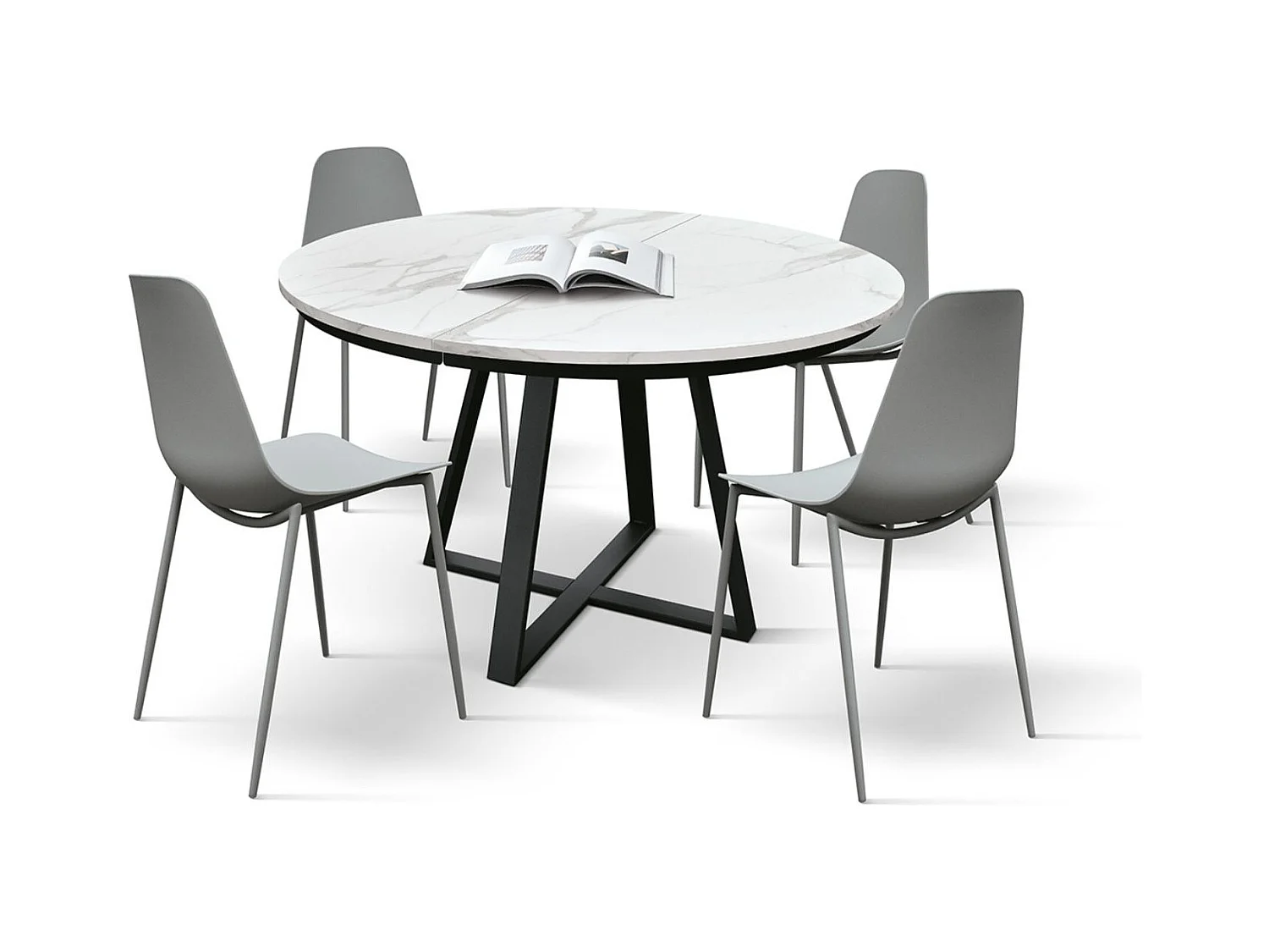 Table ronde en bois, finition blanche, pieds noirs, Ø120xH75.3-170x120x75.3 - PANTELLERIA