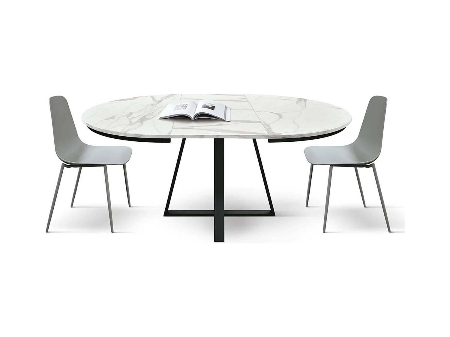 Table ronde en bois, finition blanche, pieds noirs, Ø120xH75.3-170x120x75.3 - PANTELLERIA