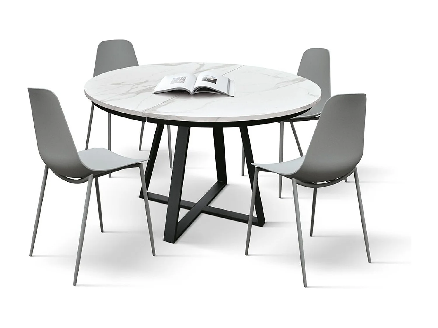 Runder Holztisch, weiß lackiert, schwarze Beine, Ø120xH75,3-170x120x75,3 - PANTELLERIA