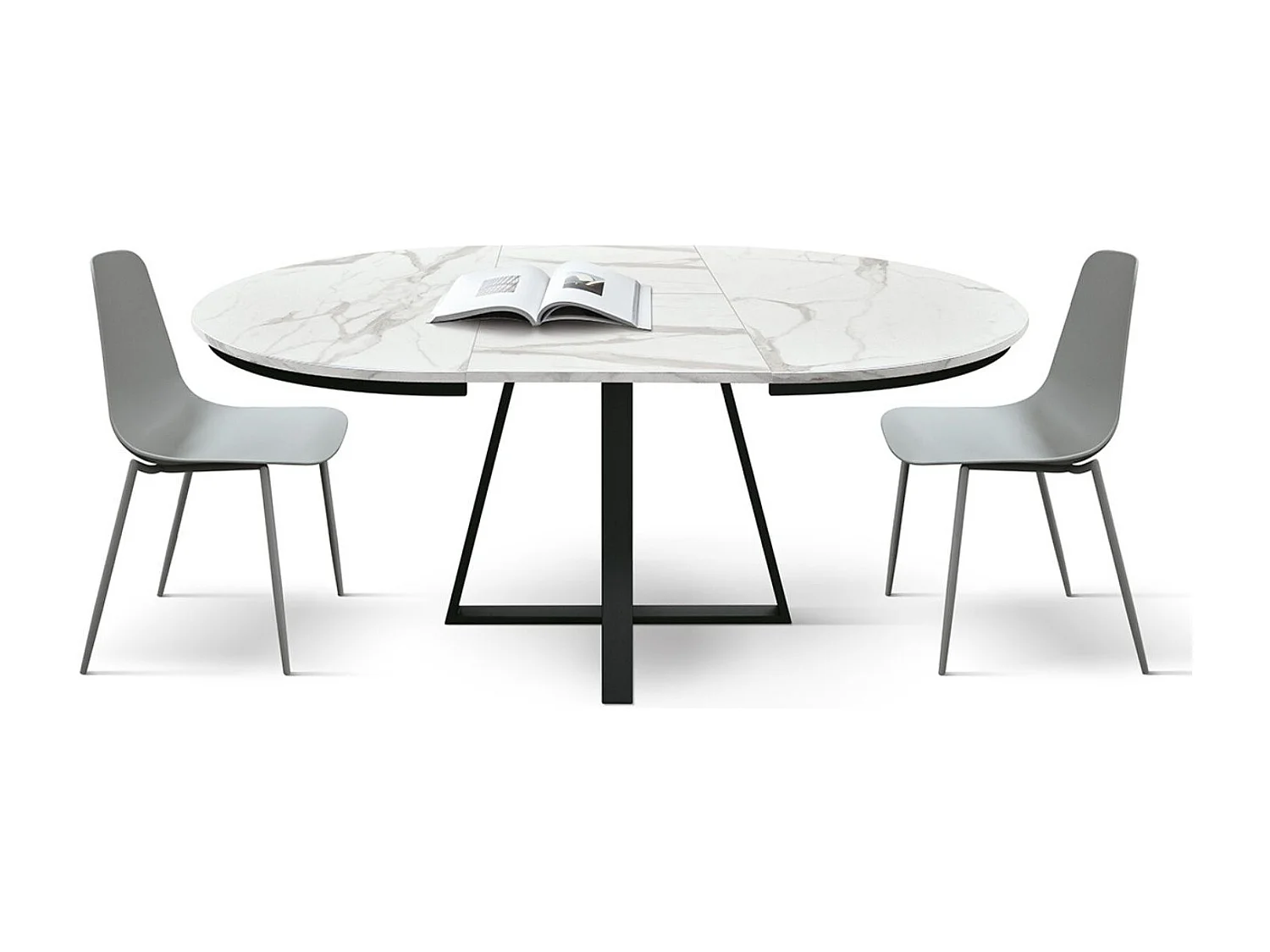 Runder Holztisch, weiß lackiert, schwarze Beine, Ø120xH75,3-170x120x75,3 - PANTELLERIA