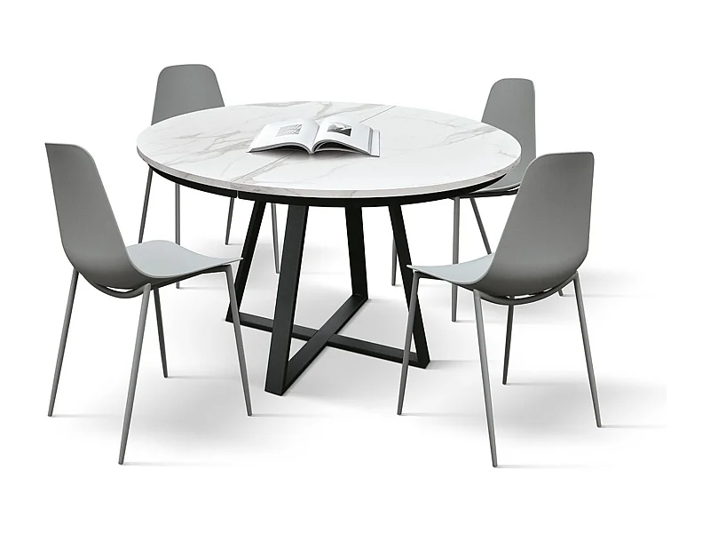 Runder Holztisch, weiß lackiert, schwarze Beine, Ø120xH75,3-170x120x75,3 - PANTELLERIA