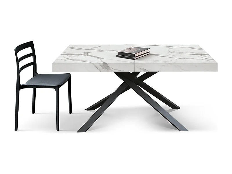 Table en bois, finition blanche et base noire, extensible 160x90-240x90 - FORTE DEI MARMI