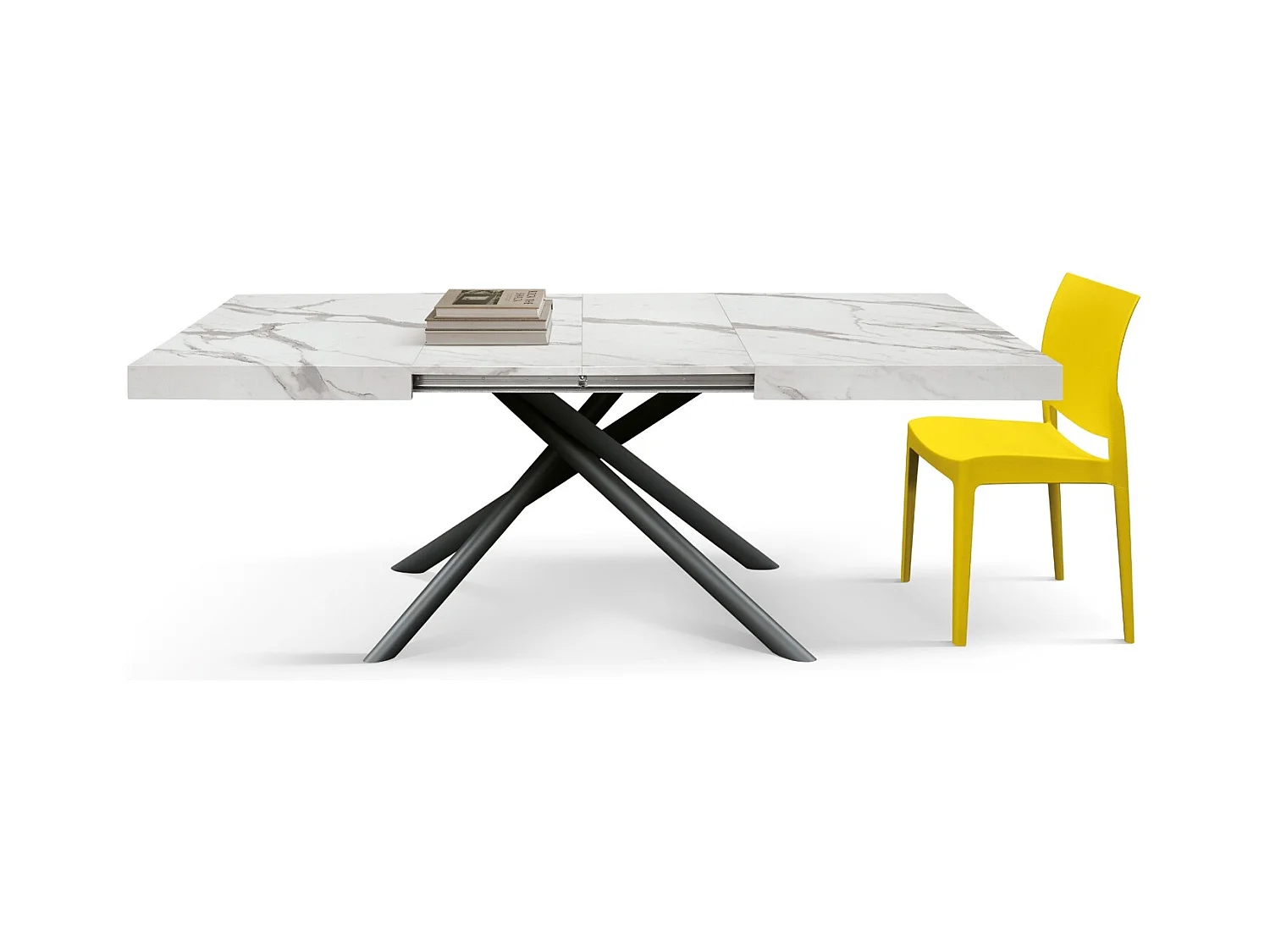 Mesa de madera, acabado estatuario blanco, patas negras, extensible 160x90-240x90 - CARRARA