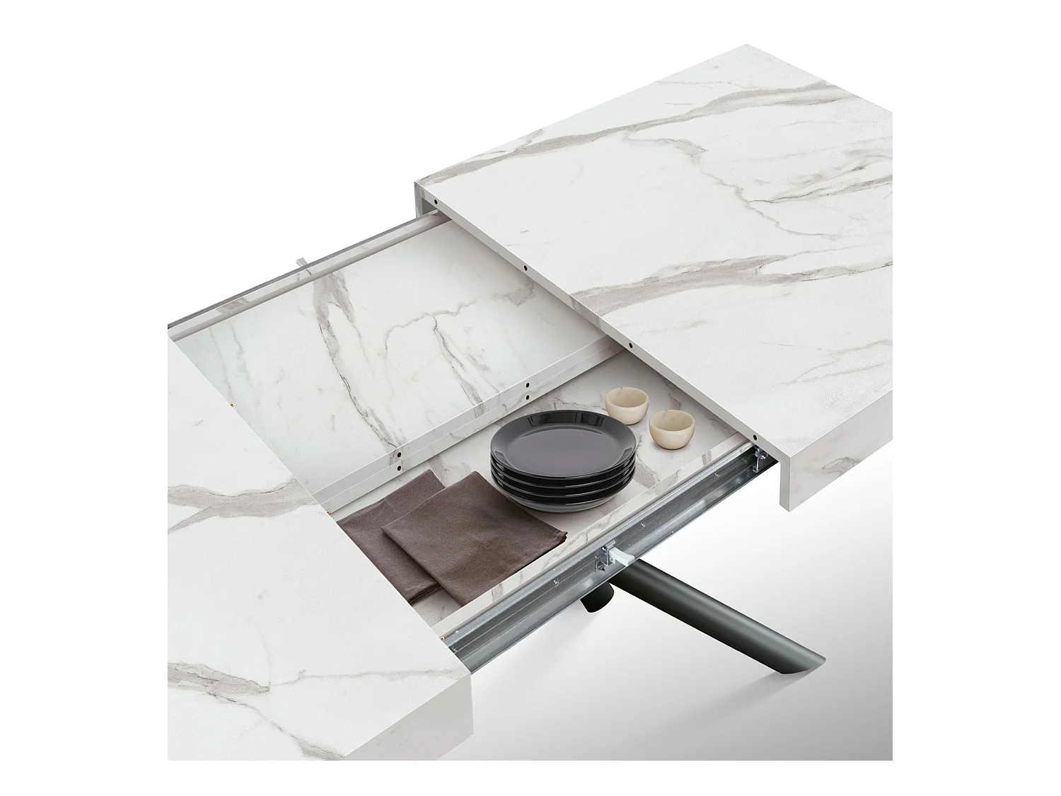 Mesa de madera, acabado estatuario blanco, patas negras, extensible 160x90-240x90 - CARRARA