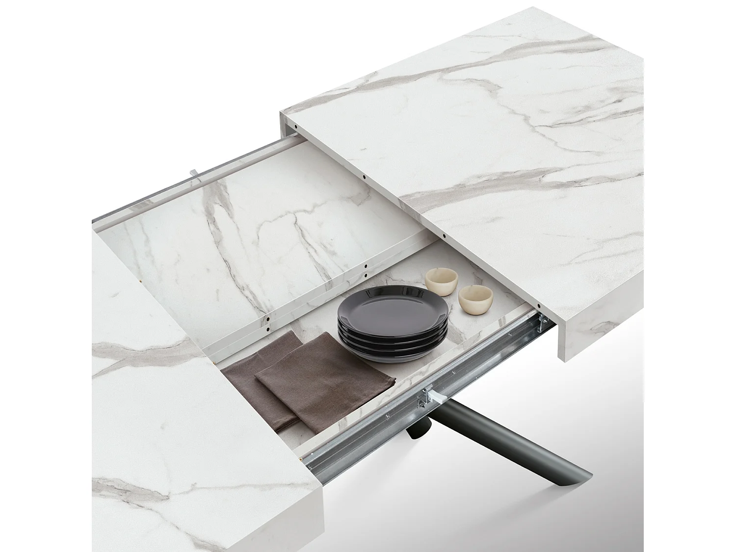 Table en bois, finition blanc statuaire, pieds noirs, extensible 160x90-240x90 - CARRARA