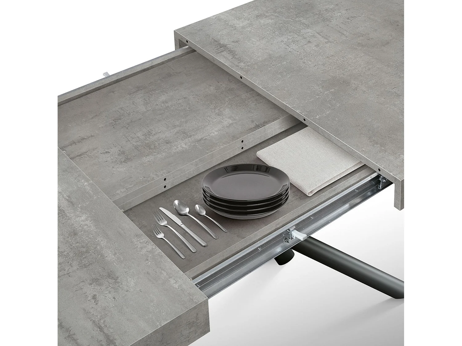 Table en bois, finition grise, piètement en métal anthracite, 180×90–260×90 - CARRARA