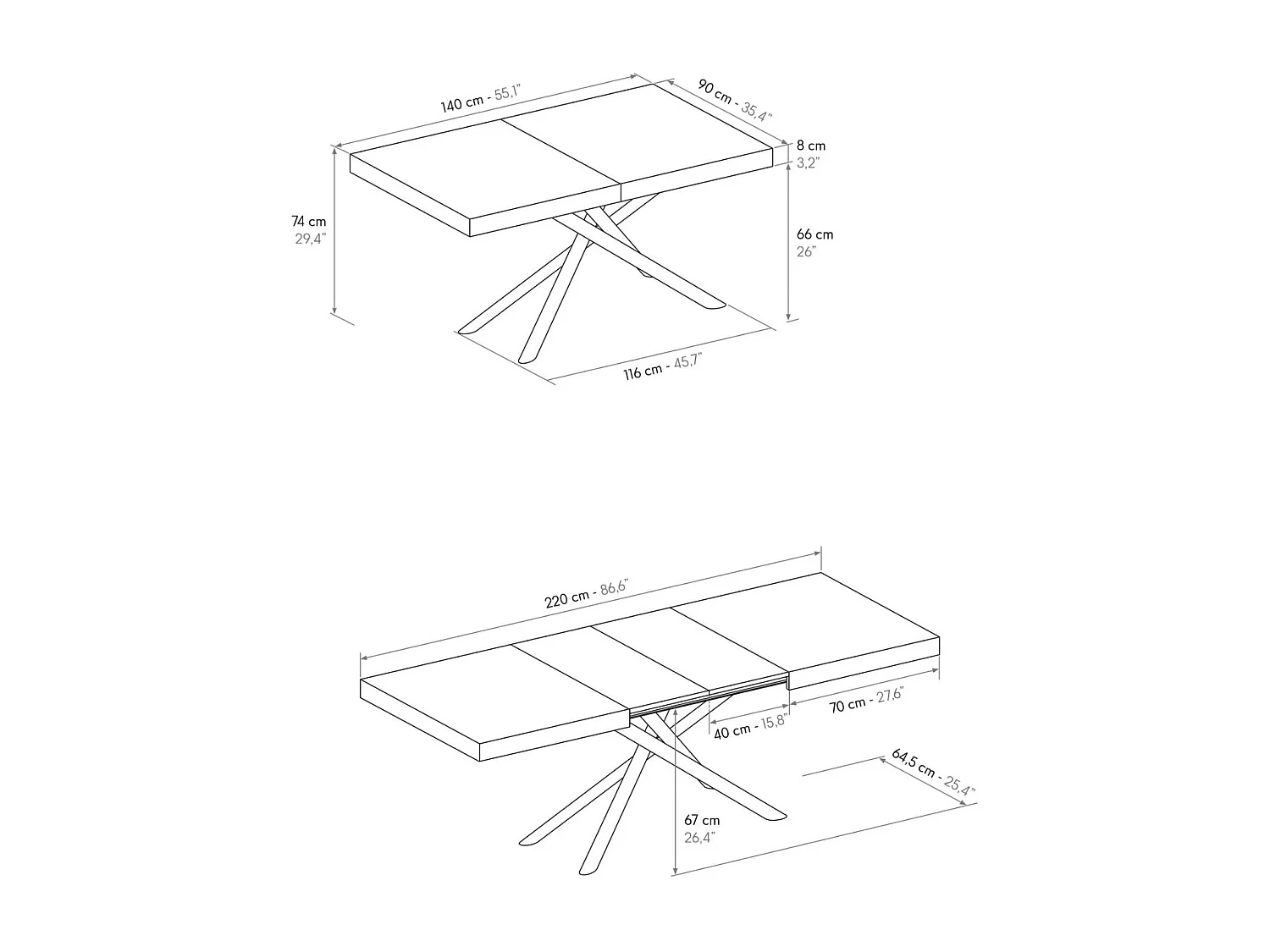 Table en bois, finition grise, piètement en métal anthracite, 180×90–260×90 - CARRARA