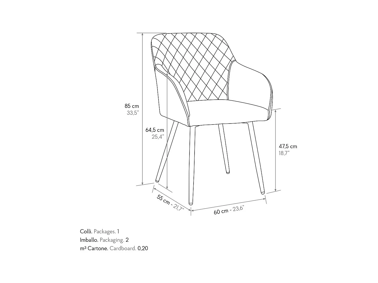 Ensemble de 4 chaises en tissu gris et pieds en métal noir, avec accoudoirs - LISBONA