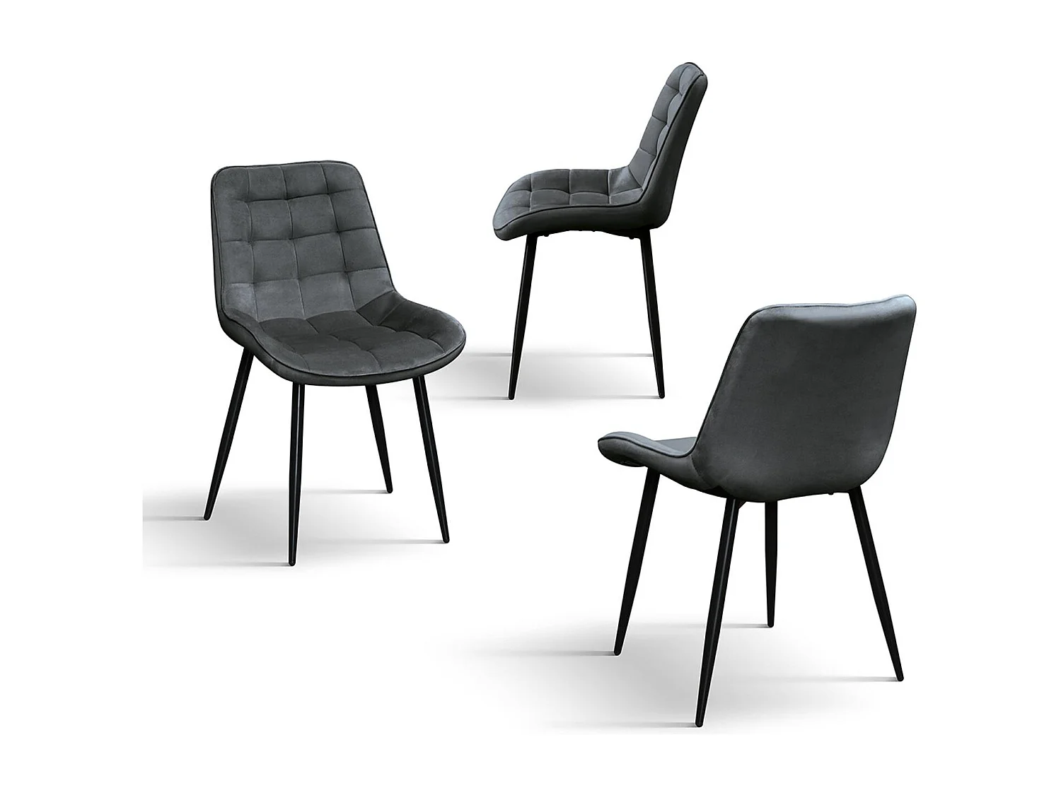 Lot de 4 chaises en tissu effet velours gris et pieds en métal noir - BARCELLONA