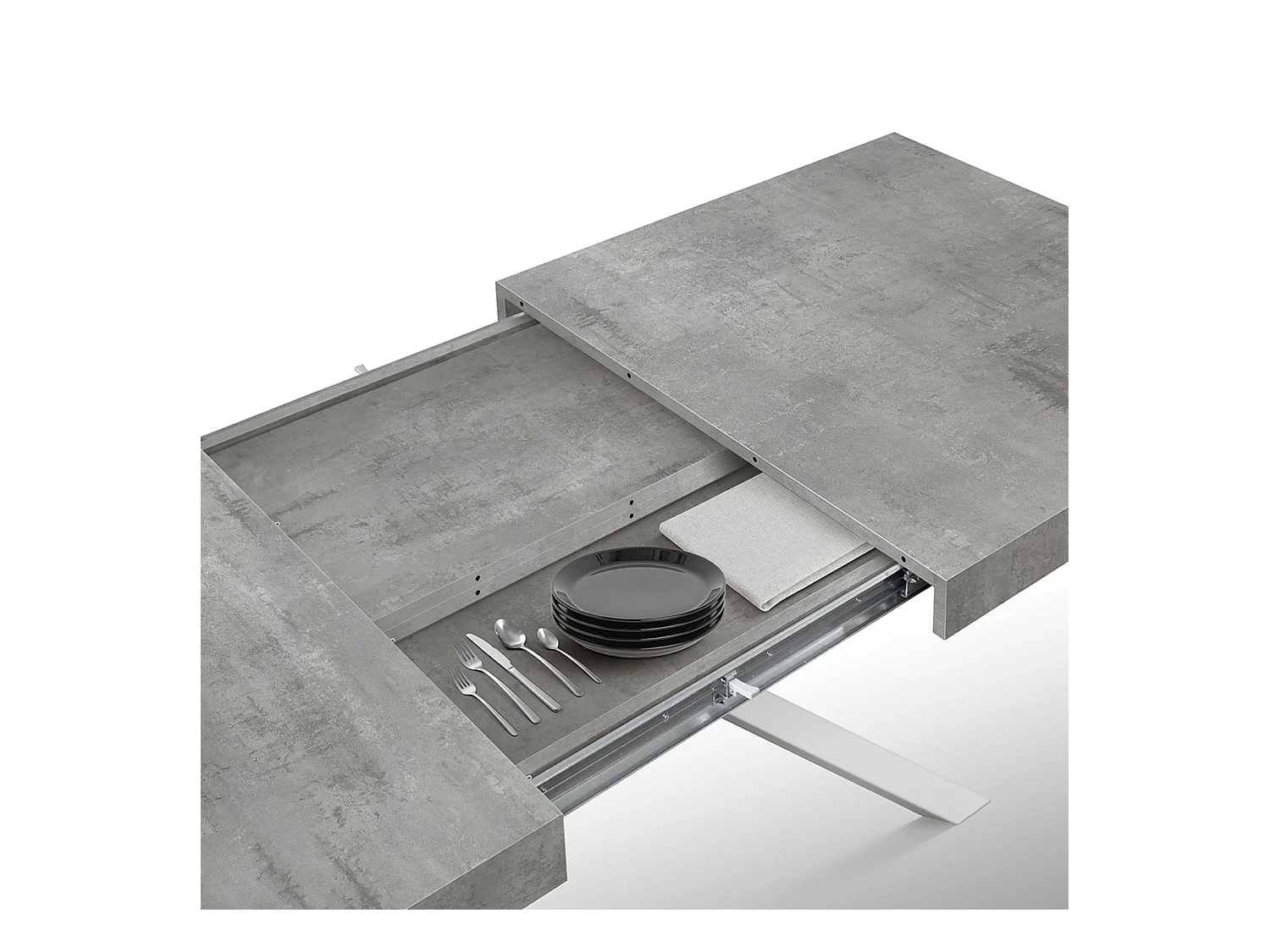 Tavolo in legno, finitura grigio, base a X in metallo bianco, 180×90–260×90 - CAMAIORE