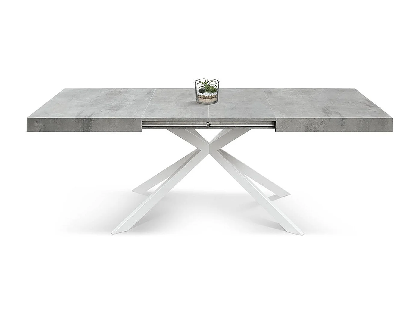 Tavolo in legno, finitura grigio, base a X in metallo bianco, 180×90–260×90 - CAMAIORE