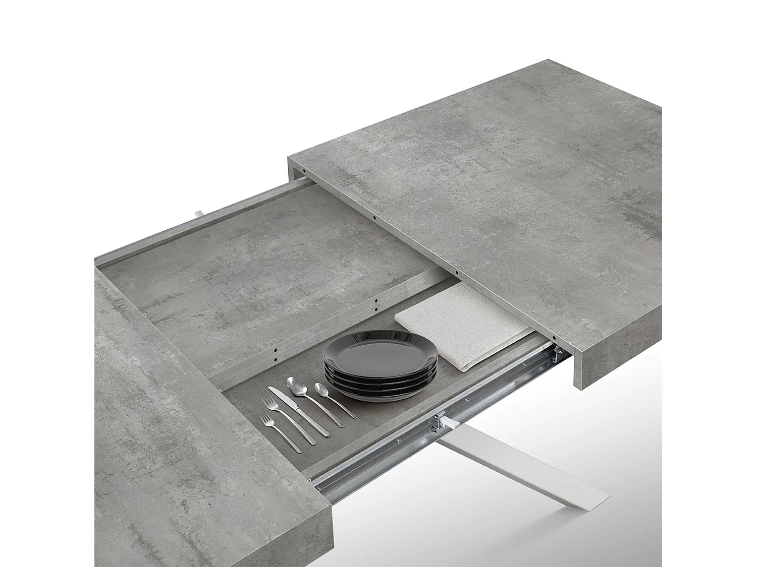 Tavolo in legno, finitura grigio, base a X in metallo bianco, 180×90–260×90 - CAMAIORE