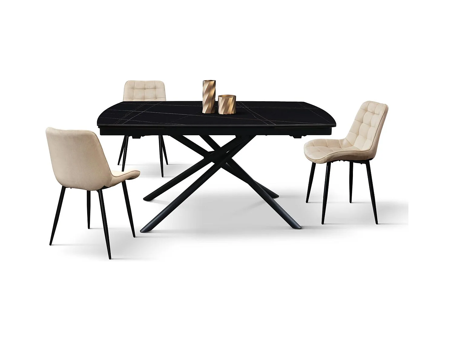 Table en céramique noire, piètement en métal noir, extensible 140x90 - 200x90 cm - BONIFACIO
