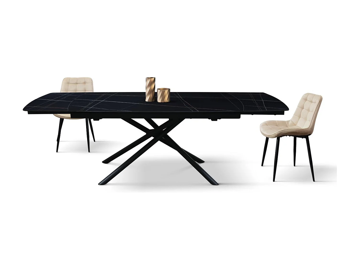 Table en céramique noire, piètement en métal noir, extensible 140x90 - 200x90 cm - BONIFACIO
