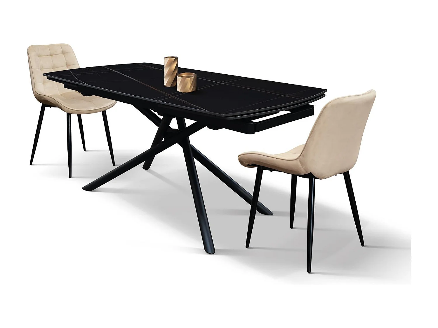 Table en céramique noire, piètement en métal noir, extensible 140x90 - 200x90 cm - BONIFACIO