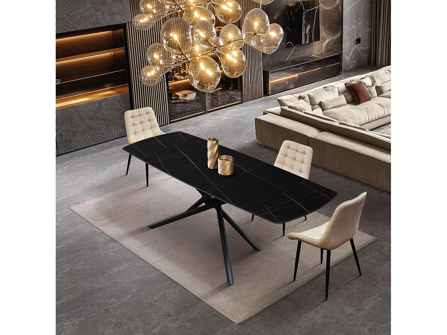 Table en céramique noire, piètement en métal noir, extensible 140x90 - 200x90 cm - BONIFACIO