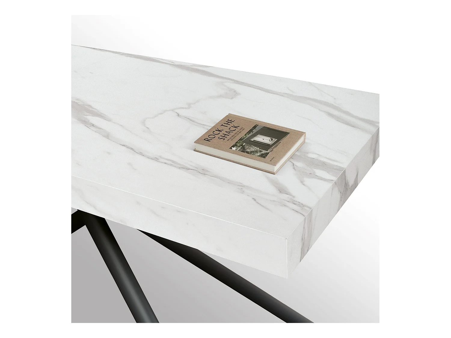 Mesa de madera, acabado estatuario blanco, patas negras, extensible 140x90-220x90 - CARRARA