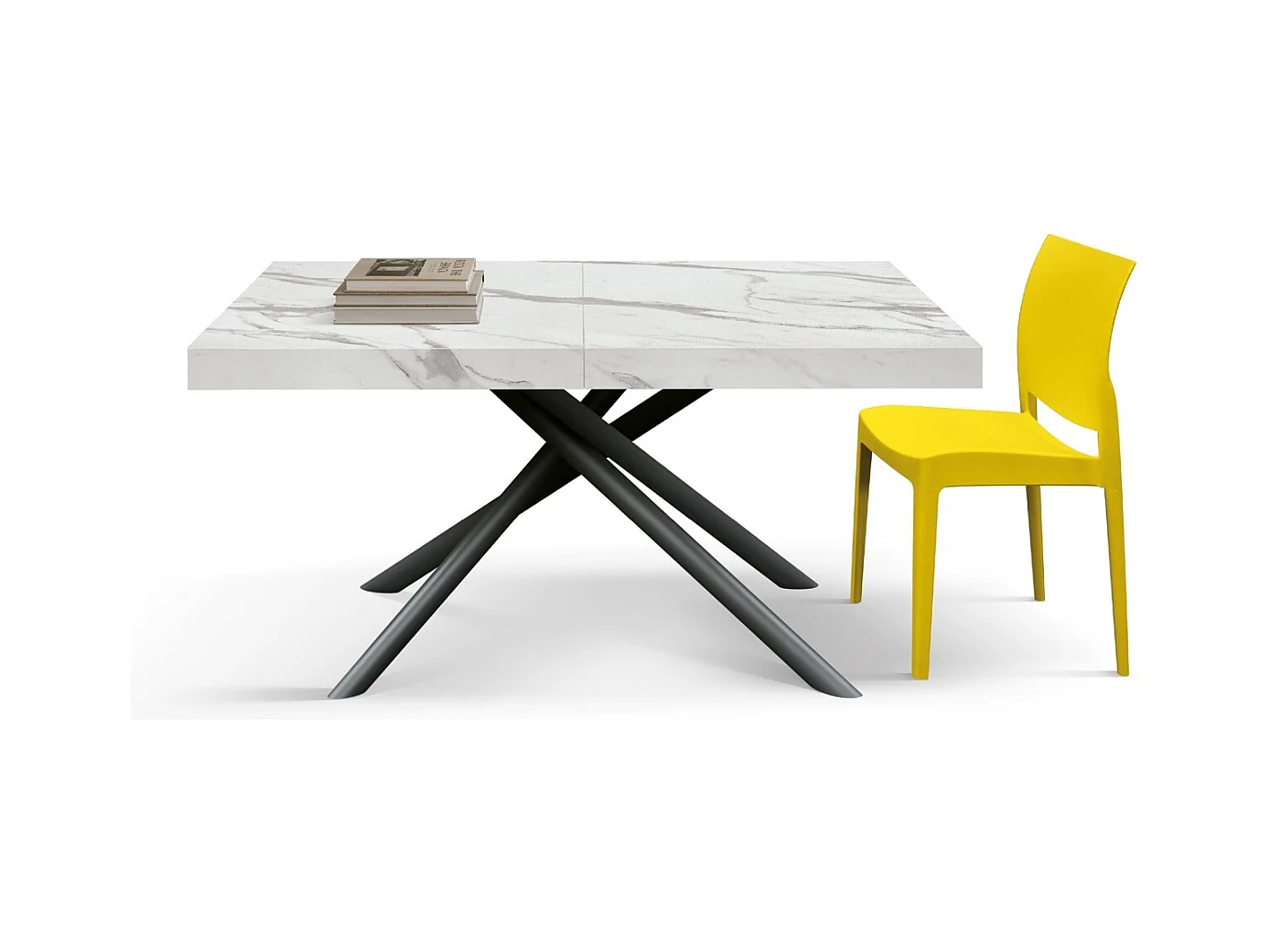 Holztisch, statuarisches weißes Finish, schwarze Beine, ausziehbar 140x90-220x90 - CARRARA