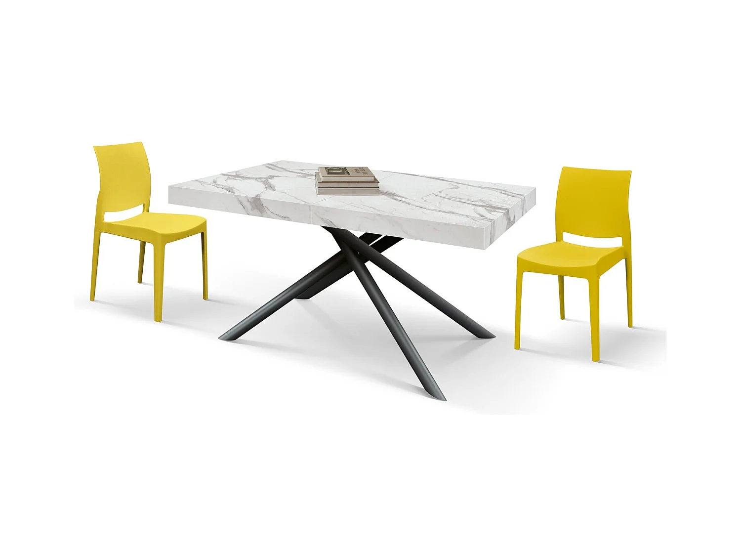 Table en bois, finition blanc statuaire, pieds noirs, extensible 140x90-220x90 - CARRARA