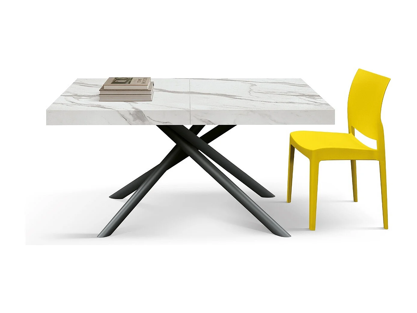 Table en bois, finition blanc statuaire, pieds noirs, extensible 140x90-220x90 - CARRARA