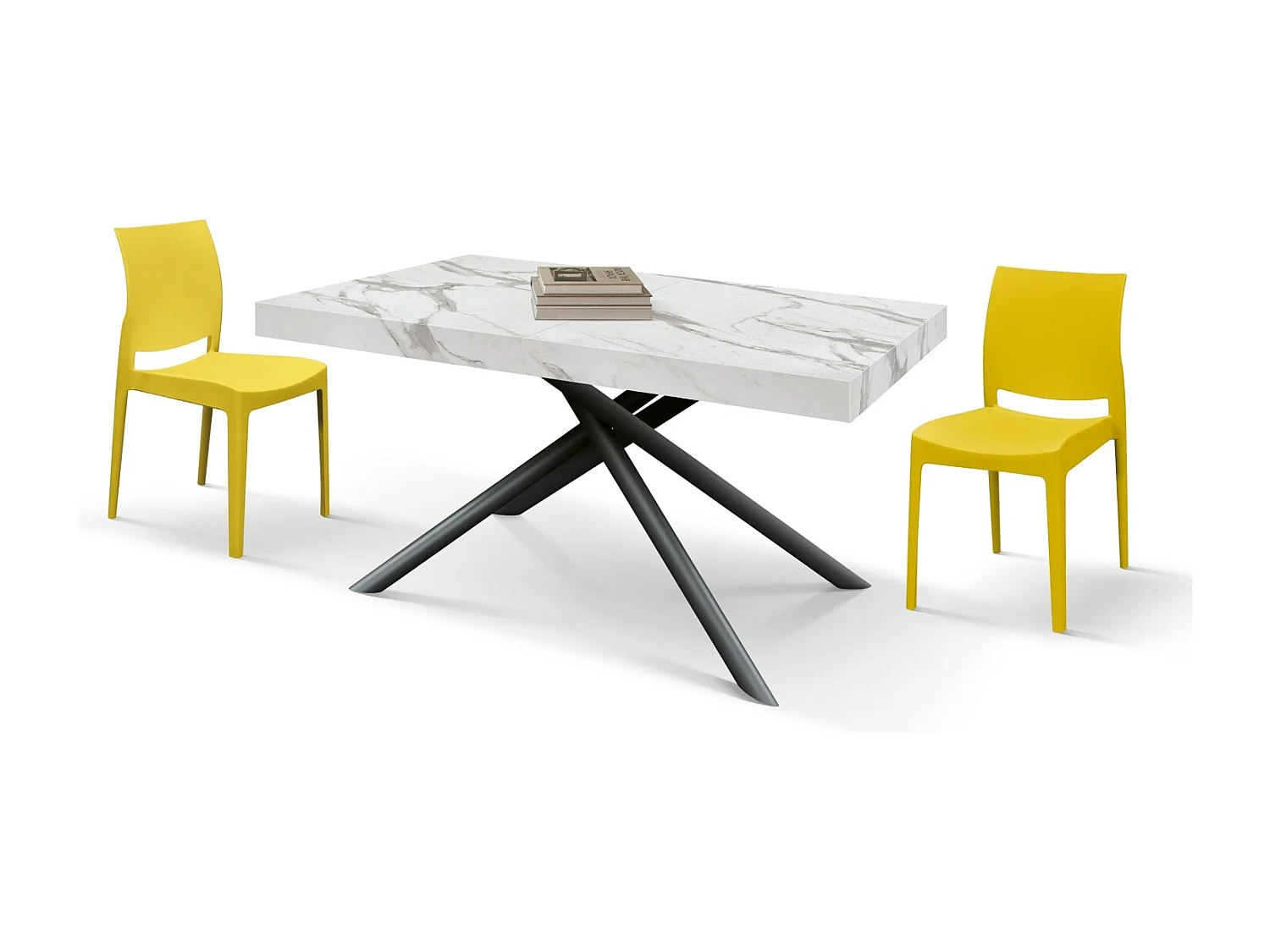 Table en bois, finition blanc statuaire, pieds noirs, extensible 140x90-220x90 - CARRARA