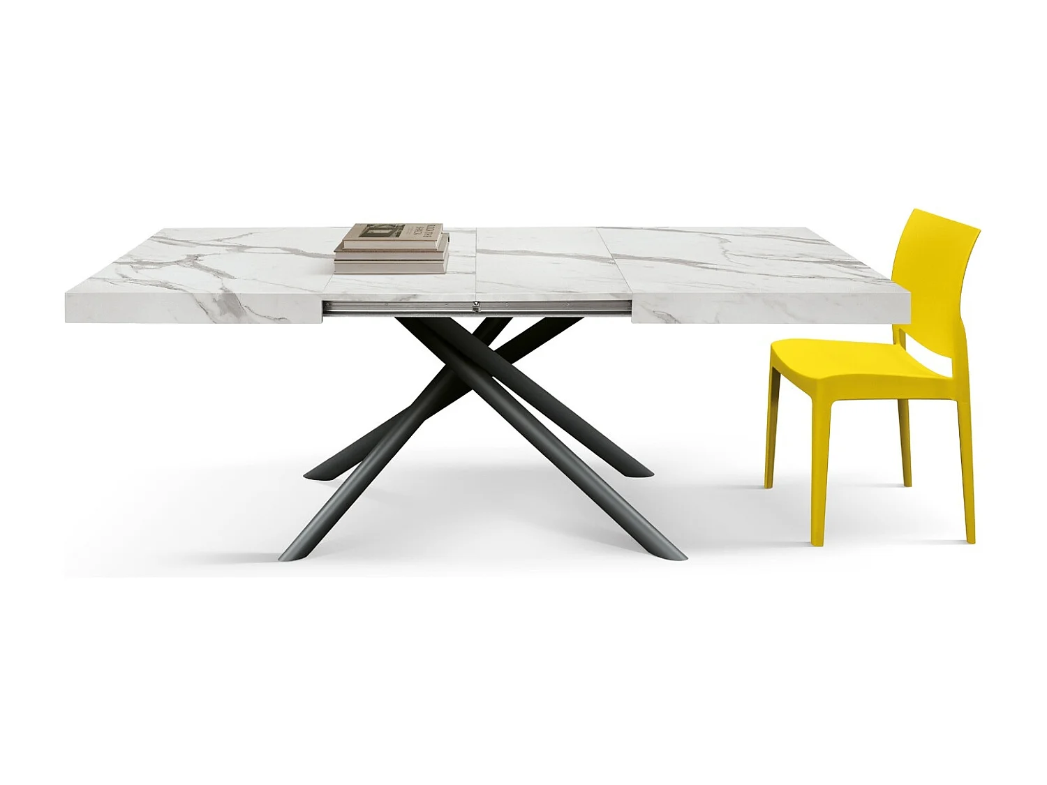 Table en bois, finition blanc statuaire, pieds noirs, extensible 140x90-220x90 - CARRARA