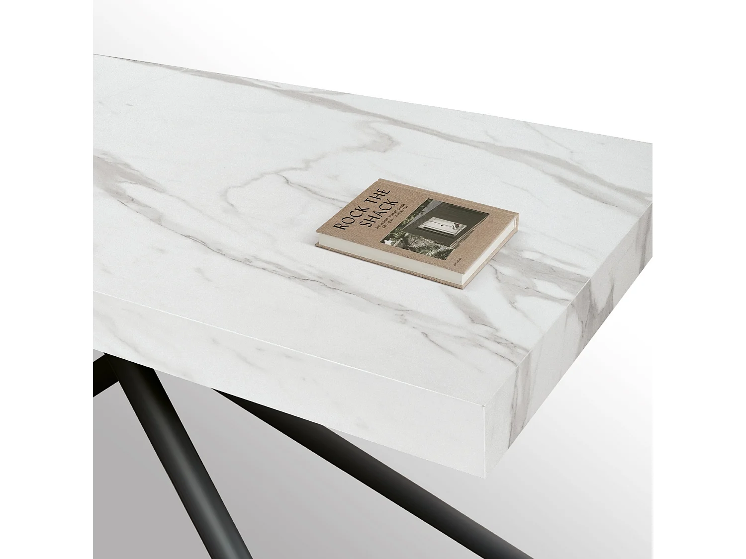 Table en bois, finition blanc statuaire, pieds noirs, extensible 140x90-220x90 - CARRARA