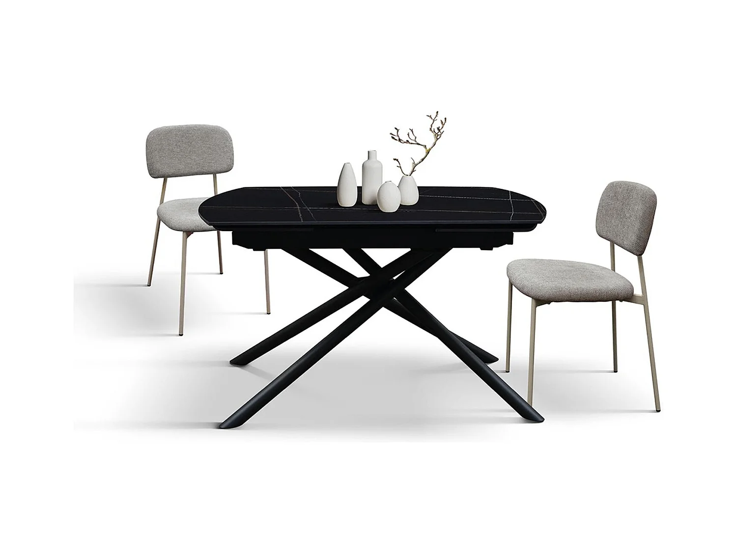 Table en céramique noire, piètement en métal noir, extensible 120x88-180x88 - BONIFACIO