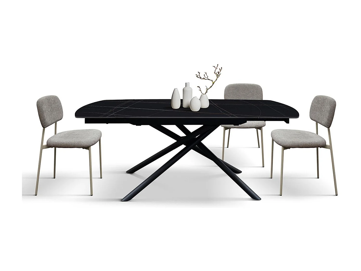 Table en céramique noire, piètement en métal noir, extensible 120x88-180x88 - BONIFACIO
