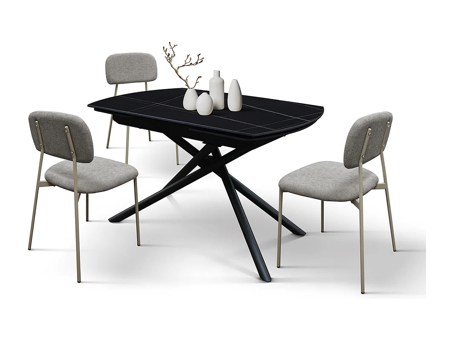 Table en céramique noire, piètement en métal noir, extensible 120x88-180x88 - BONIFACIO