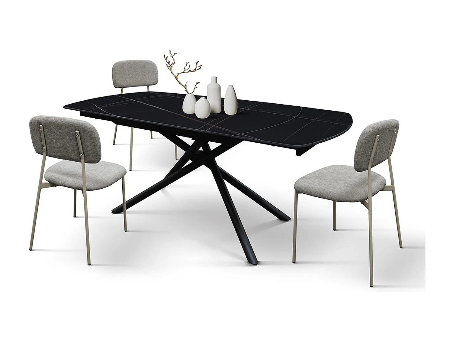 Table en céramique noire, piètement en métal noir, extensible 120x88-180x88 - BONIFACIO