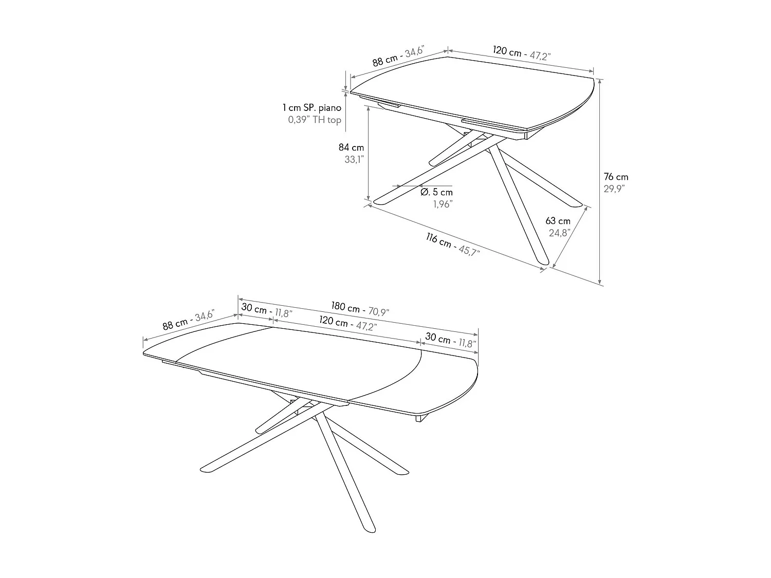 Table en céramique noire, piètement en métal noir, extensible 120x88-180x88 - BONIFACIO