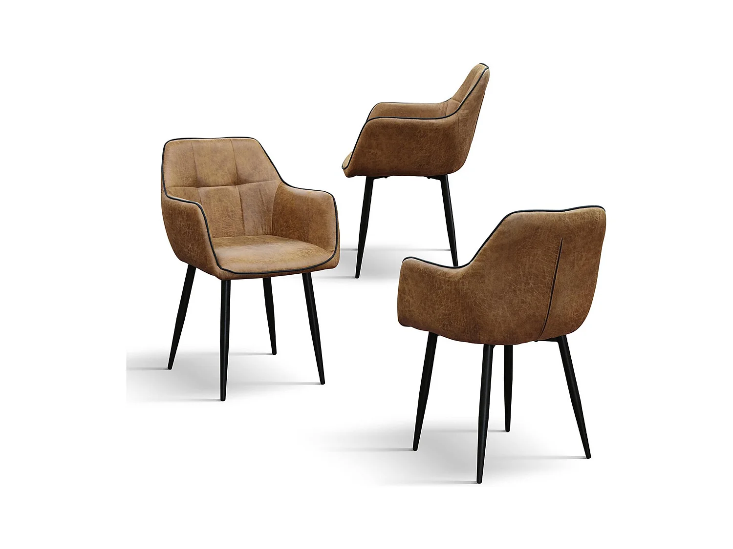 Ensemble de 4 chaises en simili cuir camel et pieds en métal noir, avec accoudoirs - PARIGI