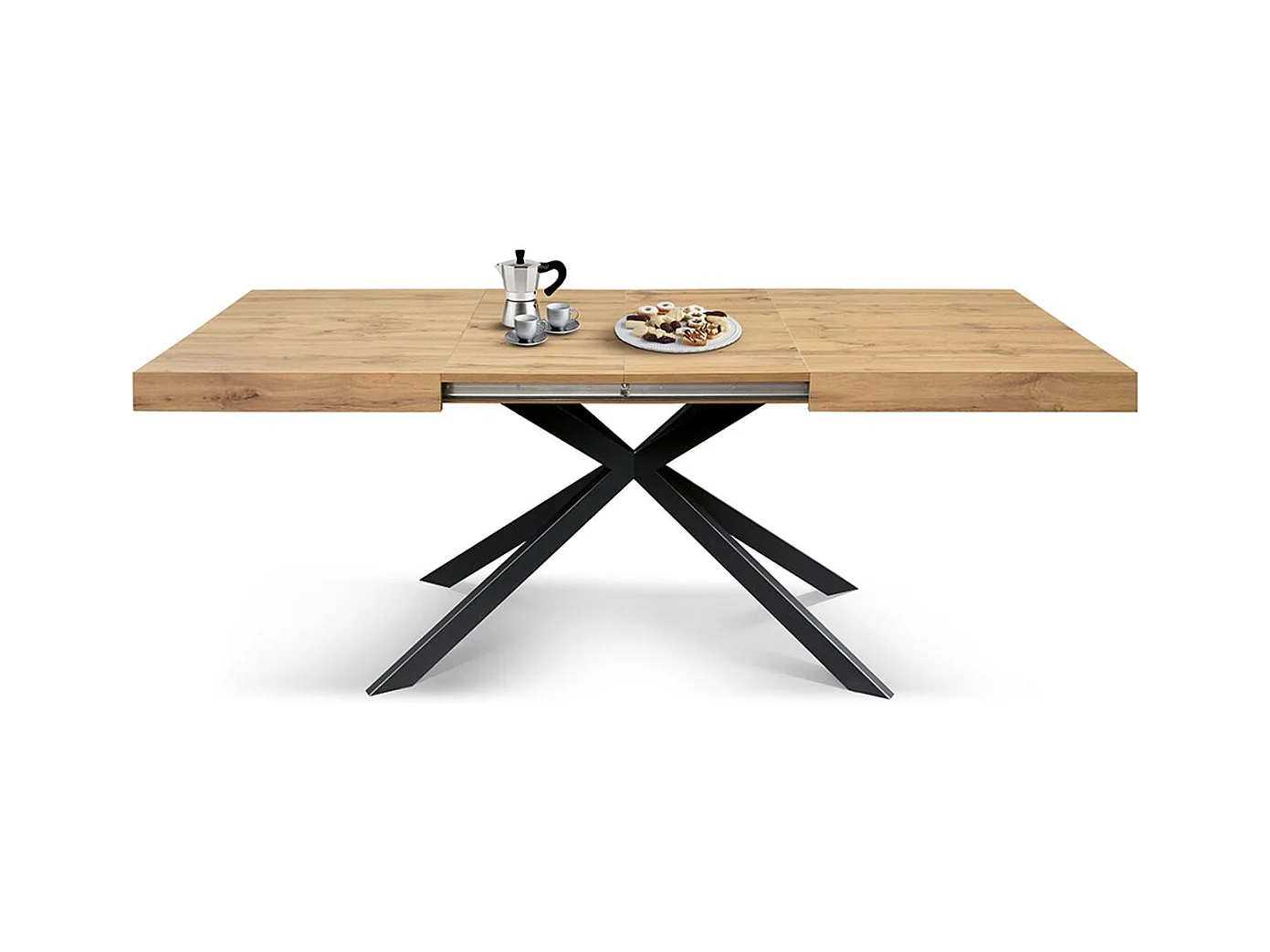 Holztisch, Eichenholzoptik, X-Fußgestell aus anthrazitfarbenem Metall, 180×90–260×90 – CAMAIORE