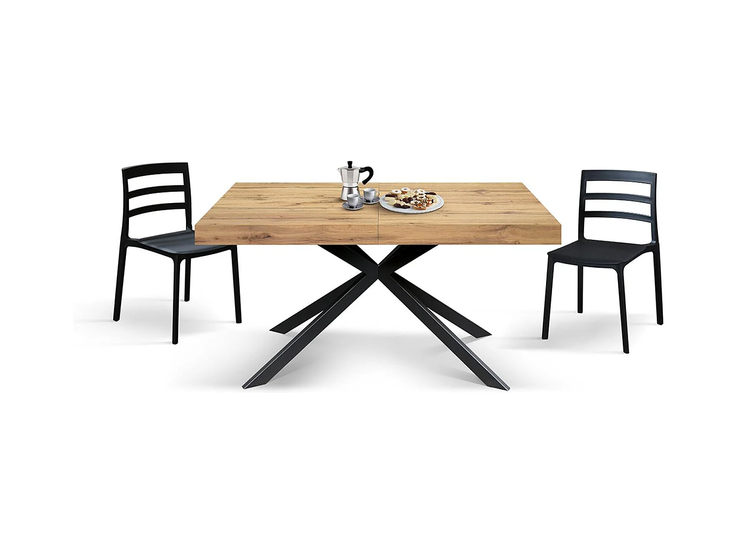 Holztisch, Eichenholzoptik, X-Fußgestell aus anthrazitfarbenem Metall, 180×90–260×90 – CAMAIORE