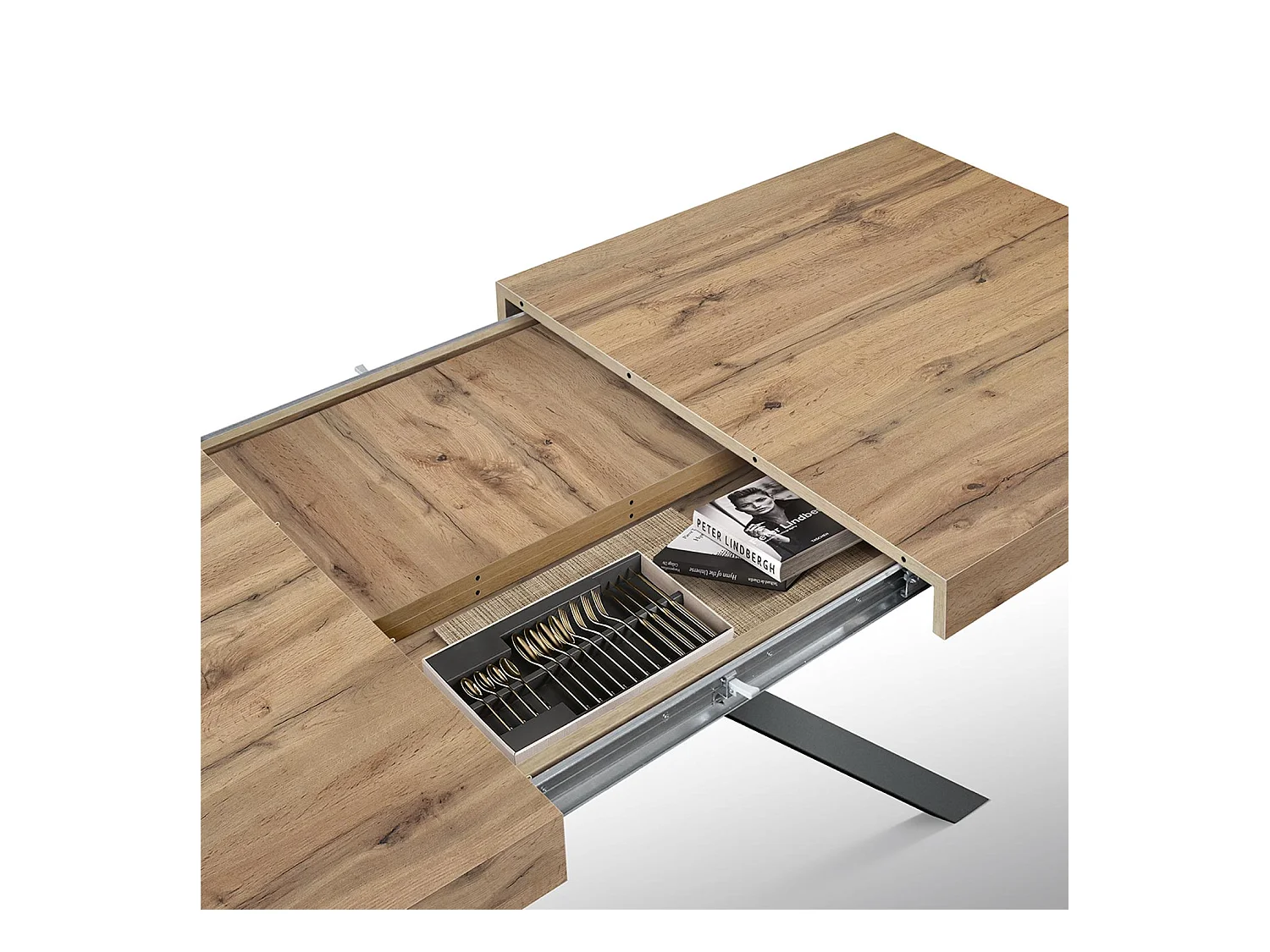 Holztisch, Eichenholzoptik, X-Fußgestell aus anthrazitfarbenem Metall, 180×90–260×90 – CAMAIORE