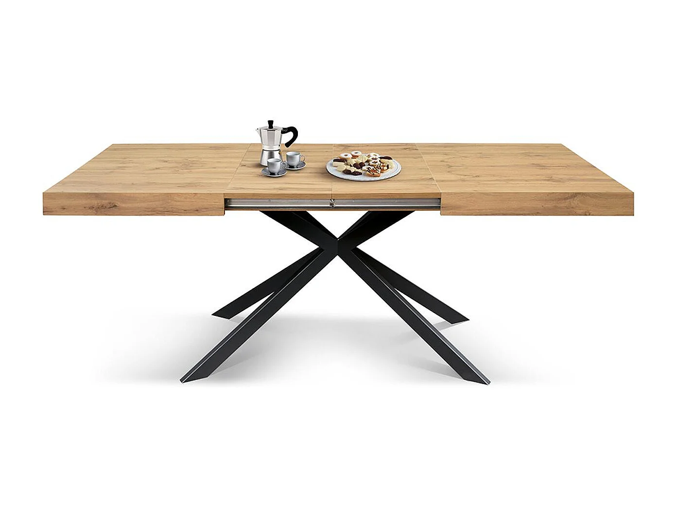 Tavolo in legno, finitura rovere, base a X in metallo antracite, 180×90–260×90 - CAMAIORE