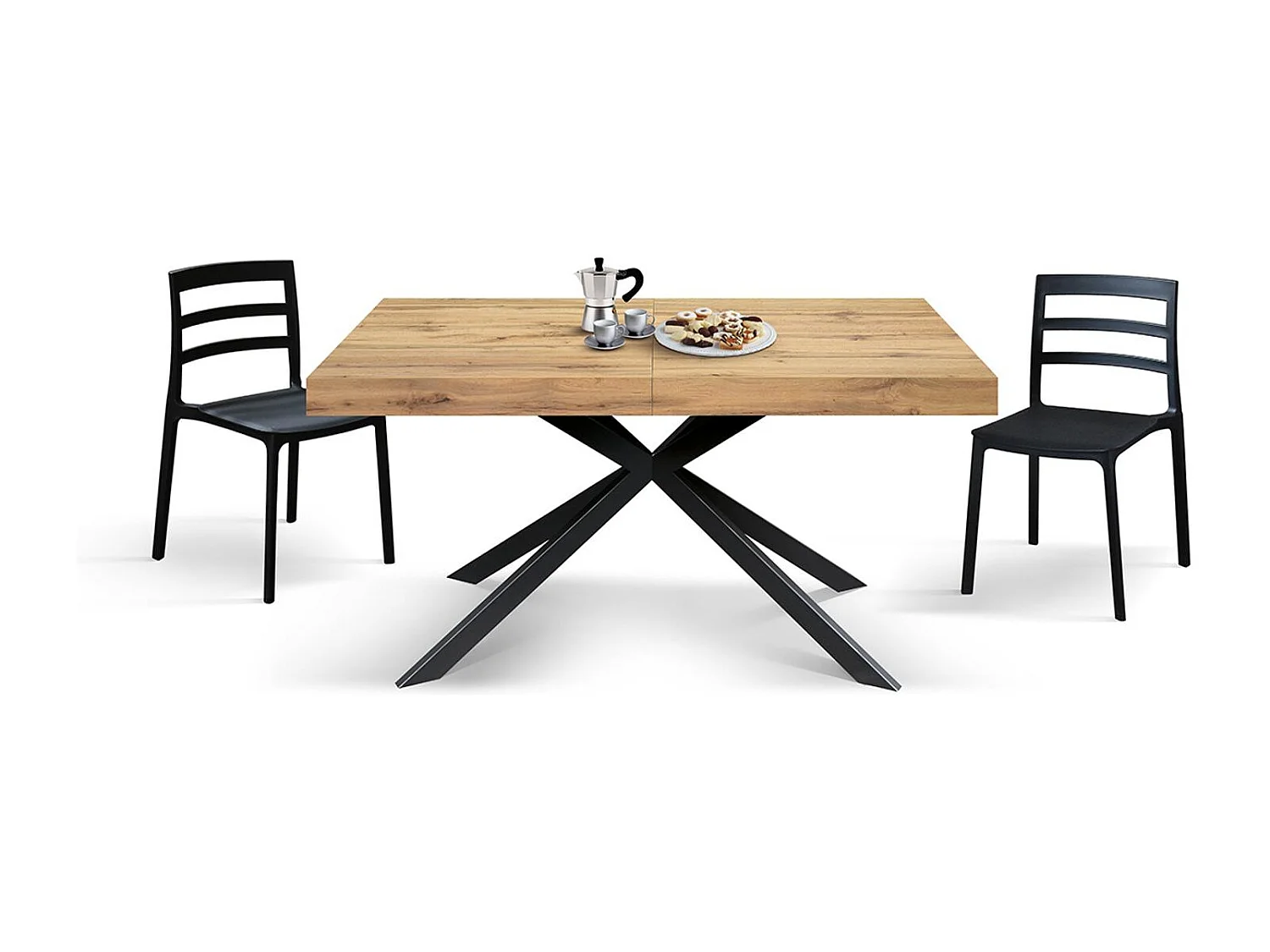 Tavolo in legno, finitura rovere, base a X in metallo antracite, 180×90–260×90 - CAMAIORE