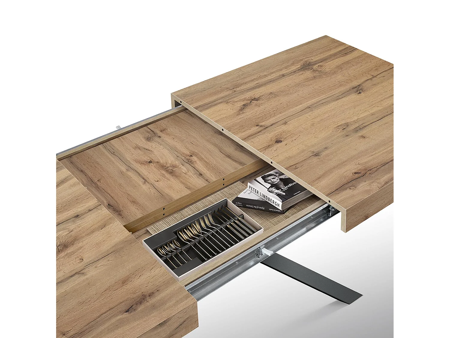 Tavolo in legno, finitura rovere, base a X in metallo antracite, 180×90–260×90 - CAMAIORE