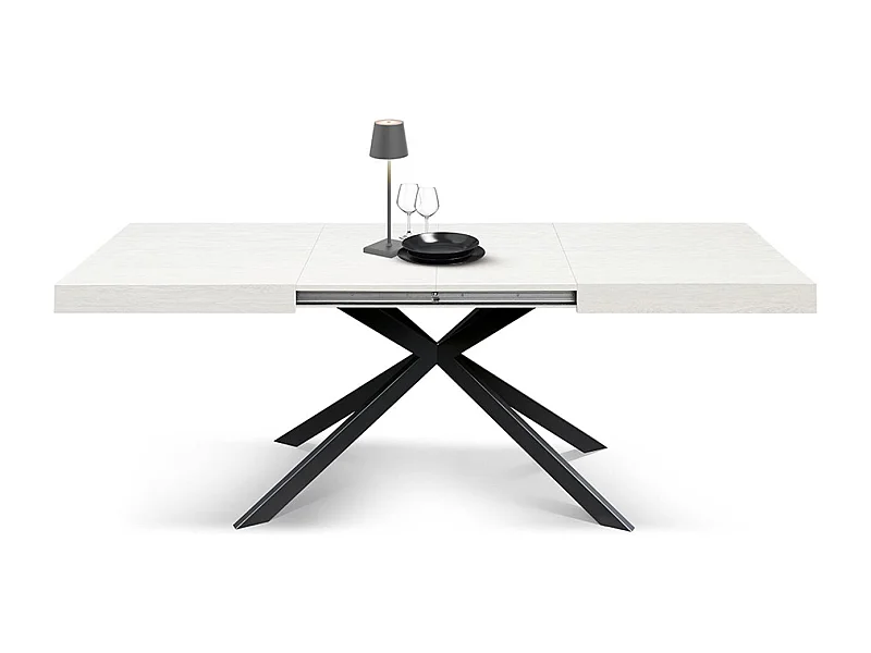 Holztisch, weiß lackiert, X-Fußgestell aus anthrazitfarbenem Metall, 180×90–260×90 - CAMAIORE