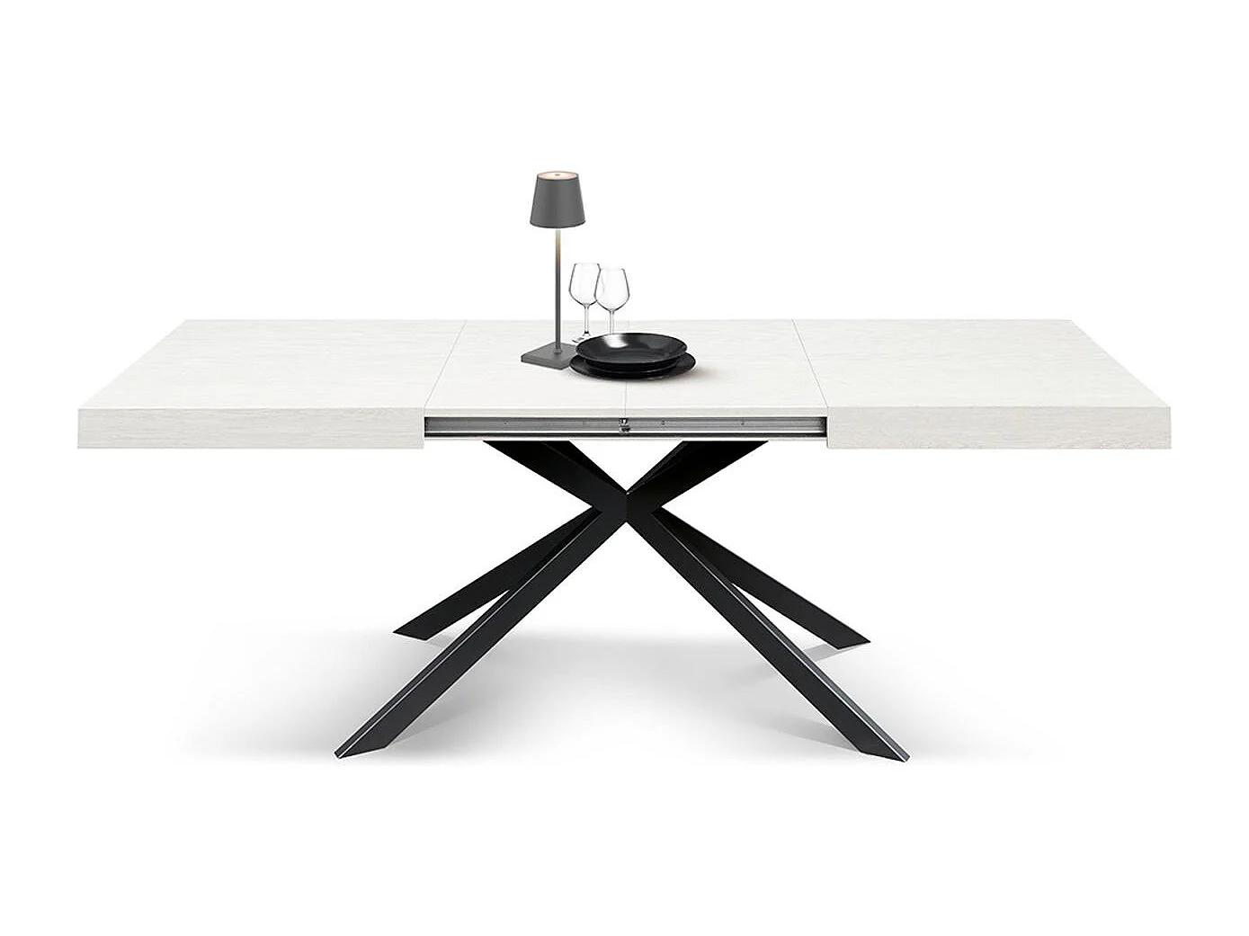 Holztisch, weiß lackiert, X-Fußgestell aus anthrazitfarbenem Metall, 180×90–260×90 - CAMAIORE