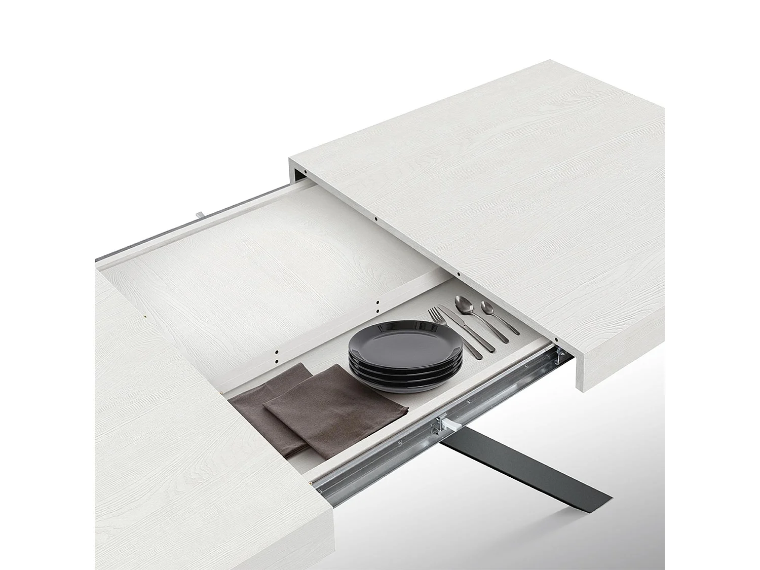 Holztisch, weiß lackiert, X-Fußgestell aus anthrazitfarbenem Metall, 180×90–260×90 - CAMAIORE