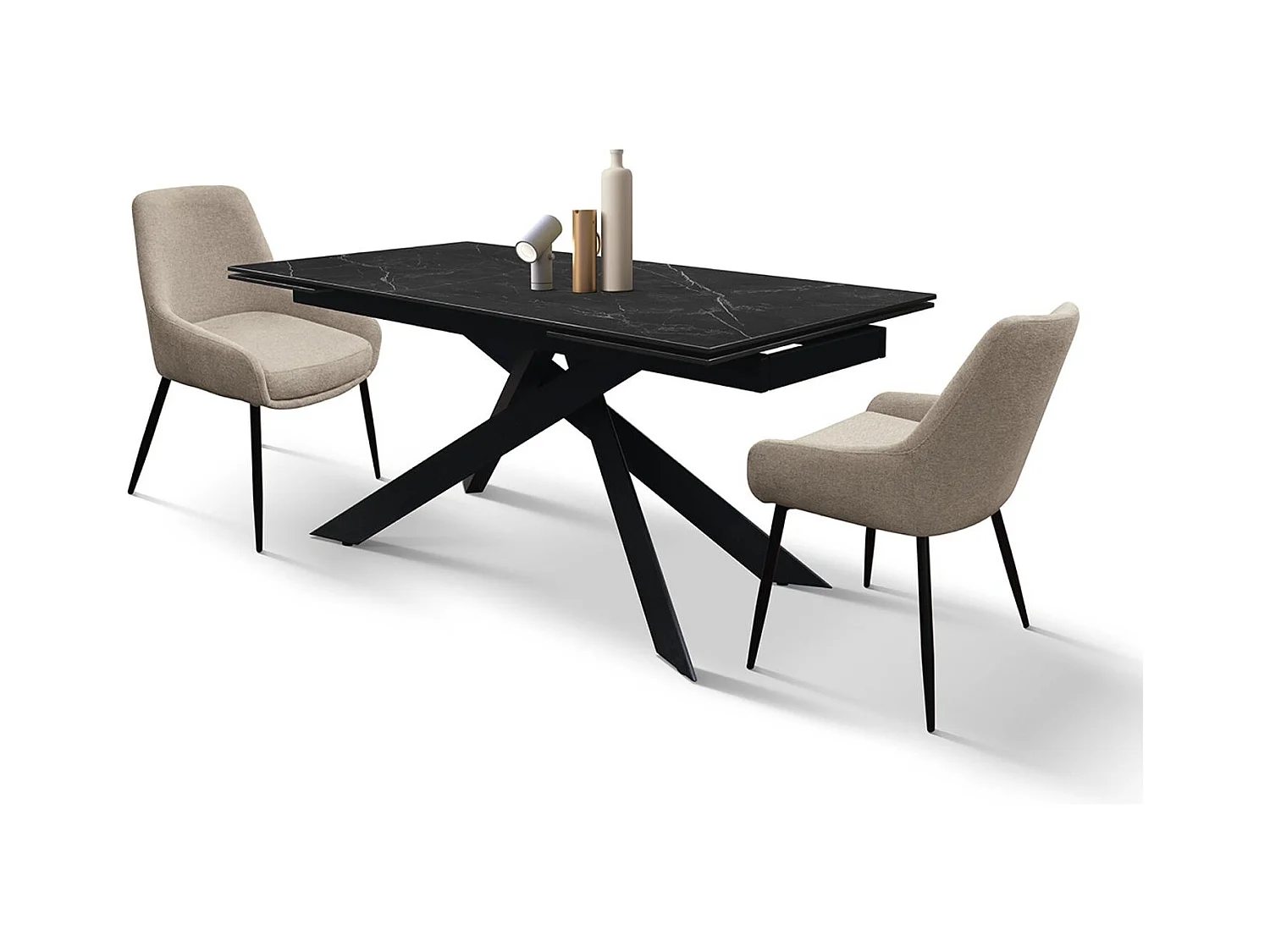 Tavolo in ceramica, effetto marmo nero e base in metallo nero, 160x90-240x90 cm - CALVI