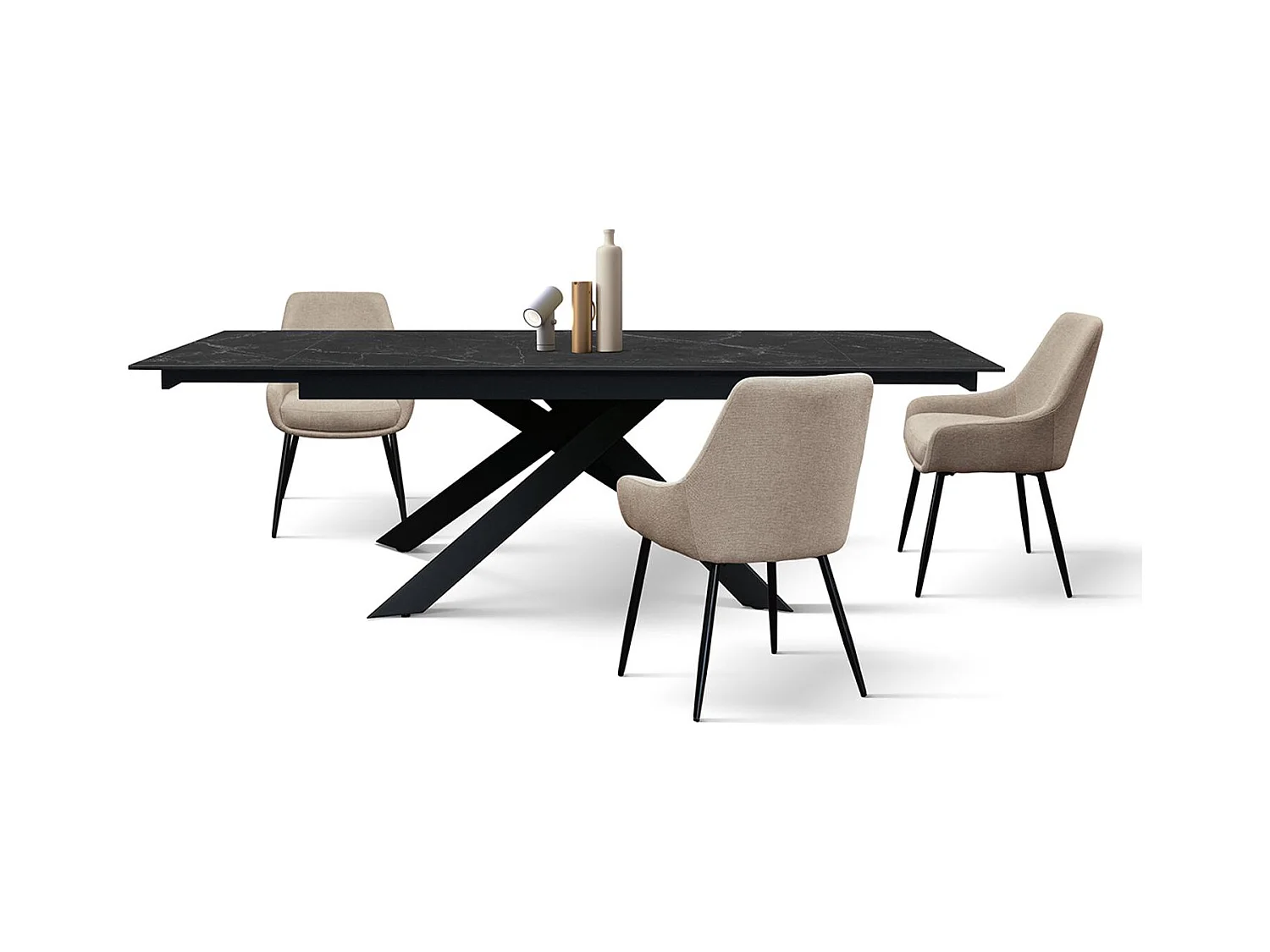 Tavolo in ceramica, effetto marmo nero e base in metallo nero, 160x90-240x90 cm - CALVI