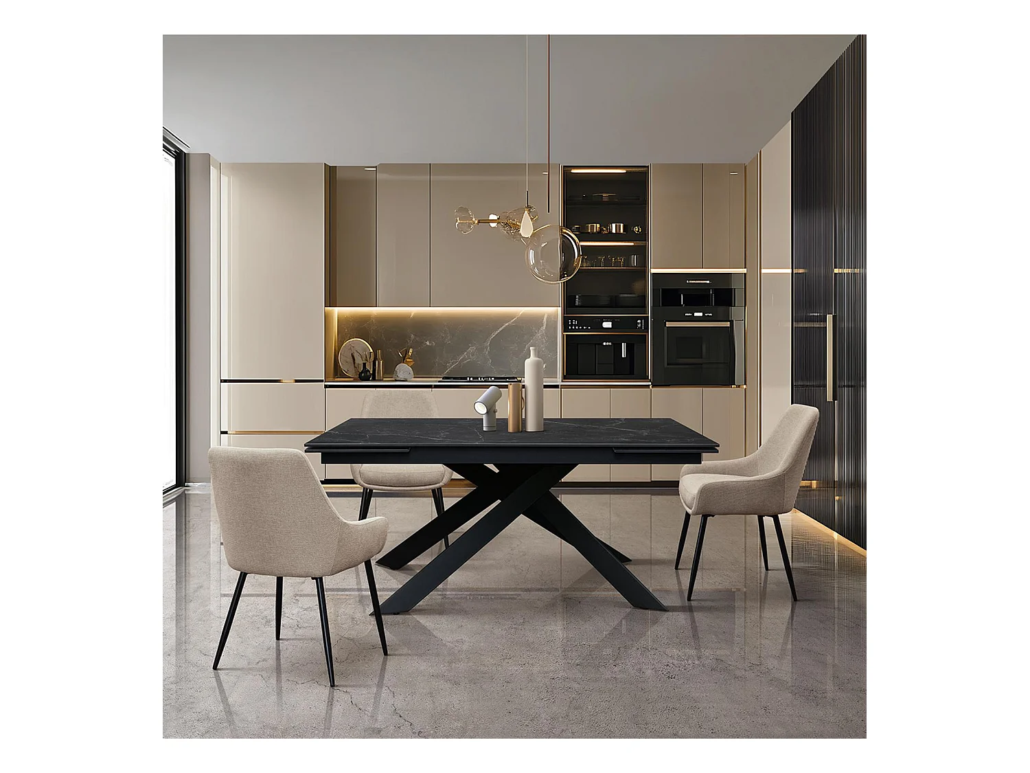 Tavolo in ceramica, effetto marmo nero e base in metallo nero, 160x90-240x90 cm - CALVI