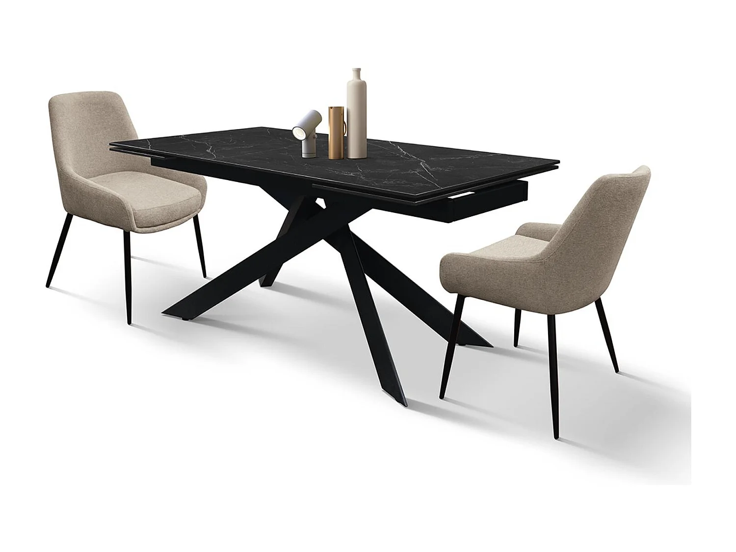 Table en céramique, effet marbre noir et piètement en métal noir, 160x90-240x90 cm - CALVI